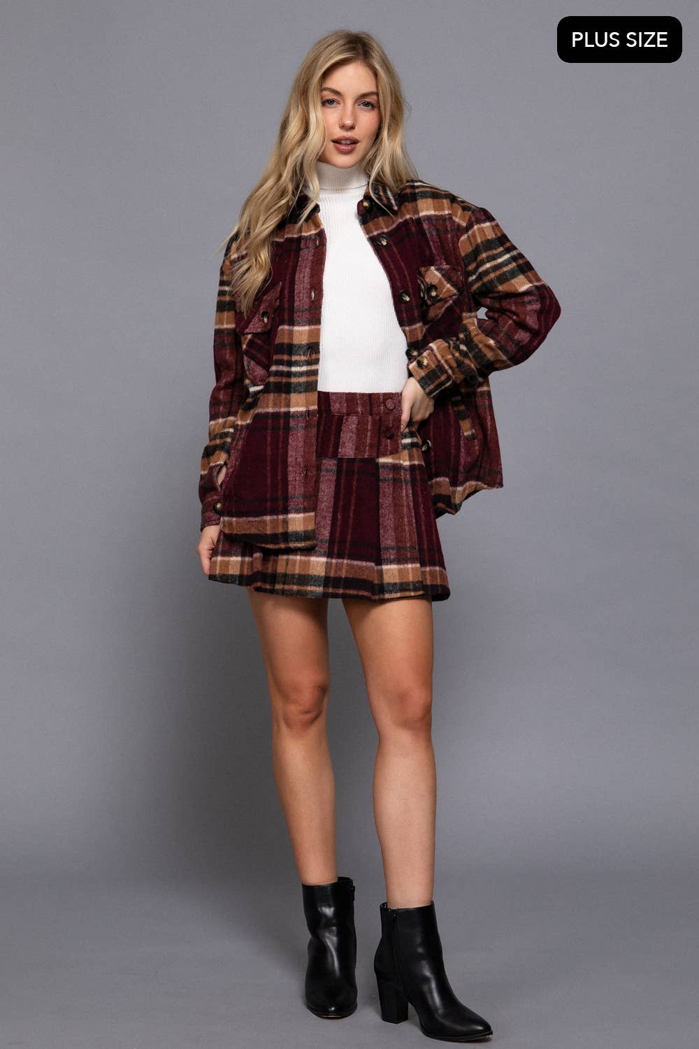 Active Basic | Active USA - Vente Veste-chemise – femme - [VÊTEMENT GRANDE TAILLE] Veste à carreaux en laine mélangée à manches longues et boutonnée15
