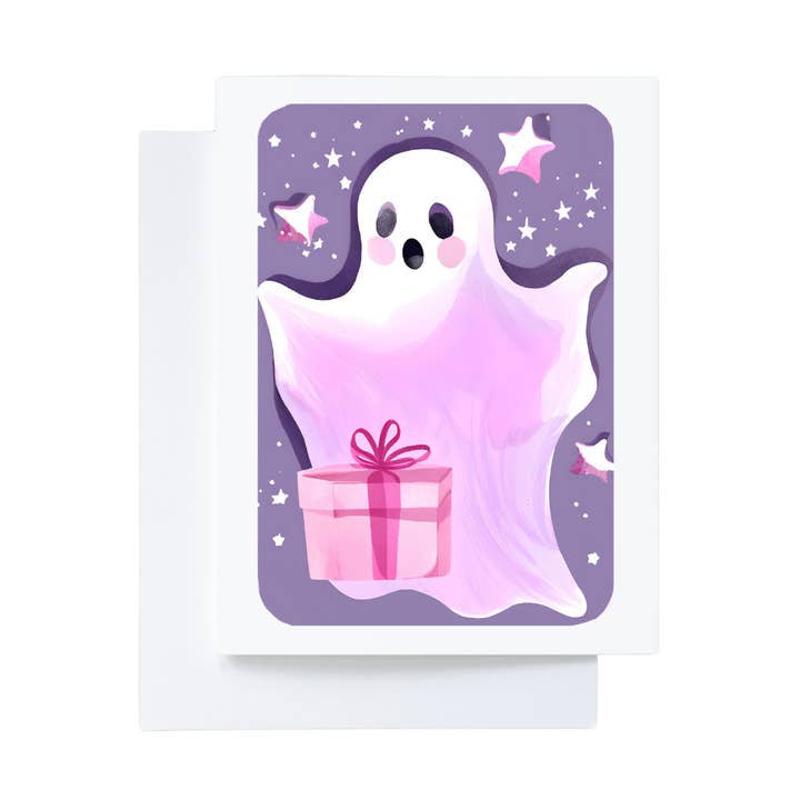Purple Stars Ghost Birthday Cake Card for wholesale by Cryptic Paper Co.