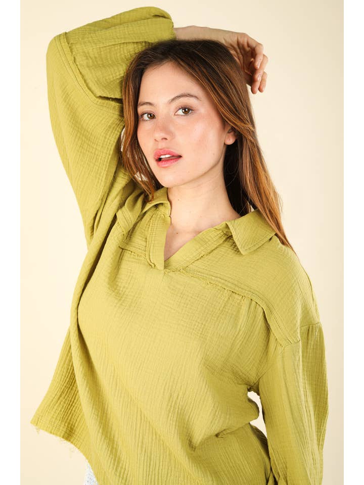 VERY J - Wholesale Blouse - Women's - NT11416-Oversized Cotton Gauze Woven Shirt Top