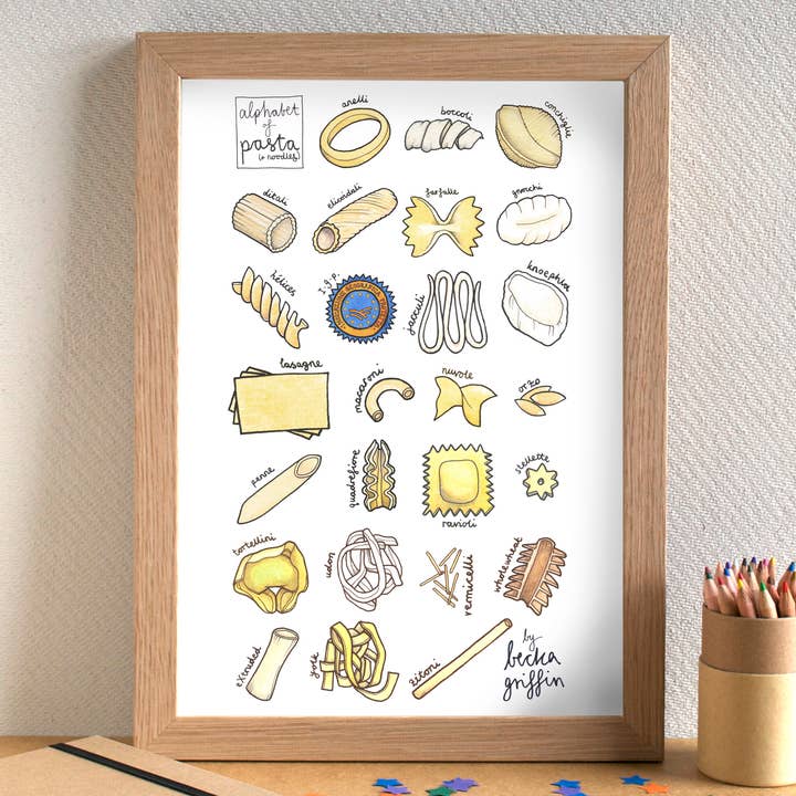 Impression d'art de pâtes alphabet pour la vente par Becka Griffin Illustration