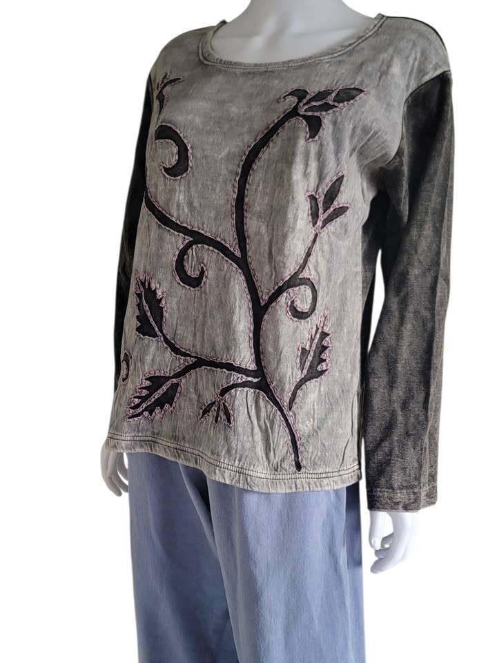 SLS1277 Cotton Long Sleeve Shirt Cut Out Flower Stem Grey for wholesale by Evergreen Guardian Imports