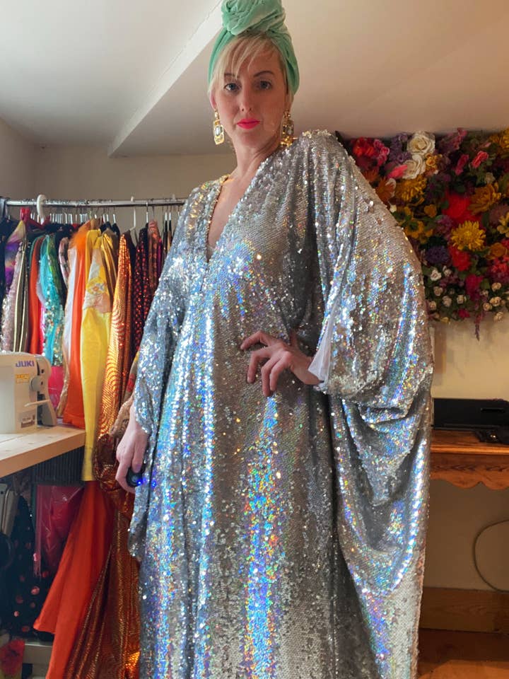 Fumbalinas - Wholesale Kaftan - Women's - Silver Metallic Holographic/ Sequin Kaftan Gown / Dress26