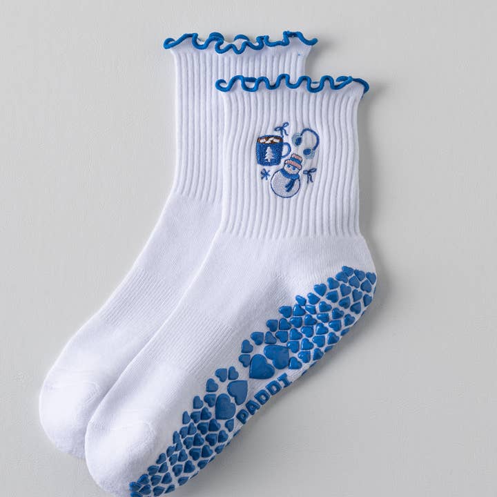 Winter melody snowman embroidered grip socks for wholesale by Paddi Studio