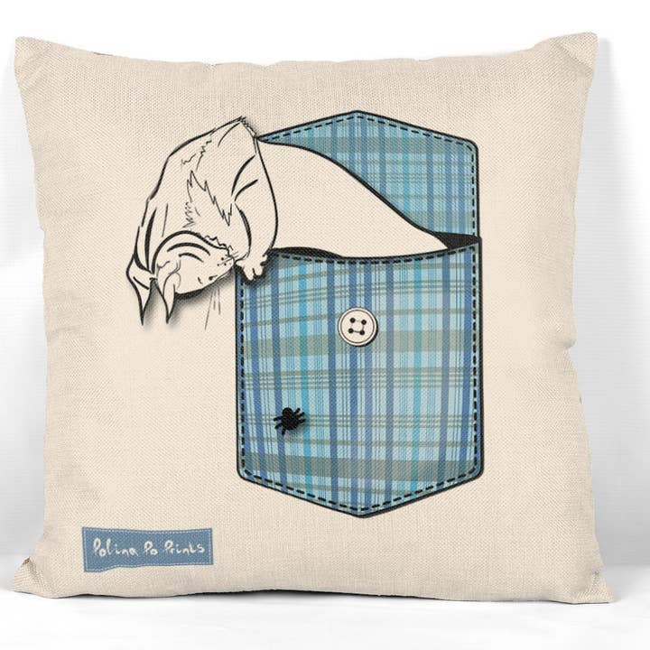 Kussensloop met zakkat, Kussenhoezen. Grappige kattenkussen voor wholesale door Polina Po Prints