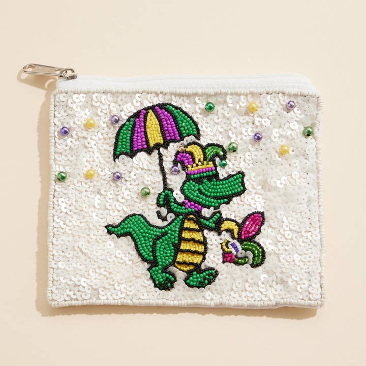 White Mardi Gras Sequin Alligator Beaded Pouch for wholesale on Faire