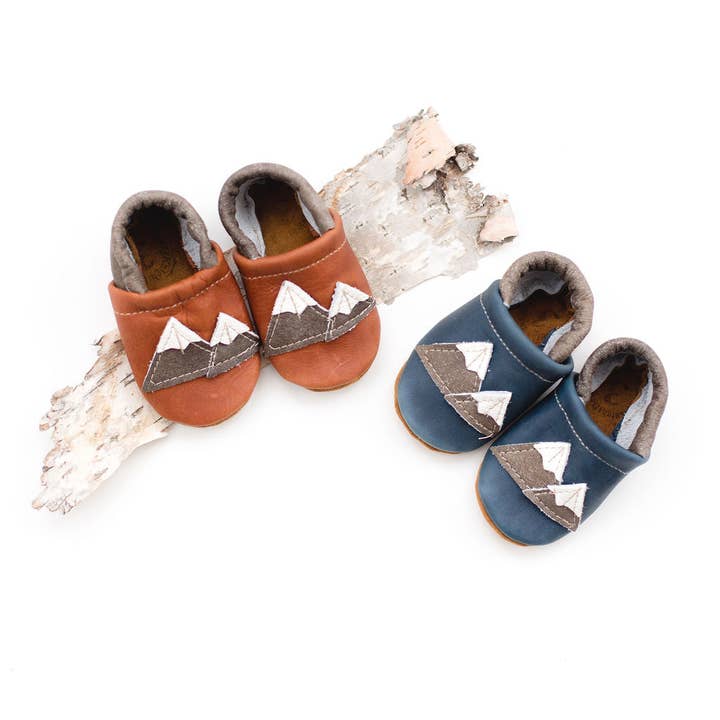 Chestnut & Navy Mountains Leather Shoes Moccs Baby and Toddler for wholesale by Starry Knight Design