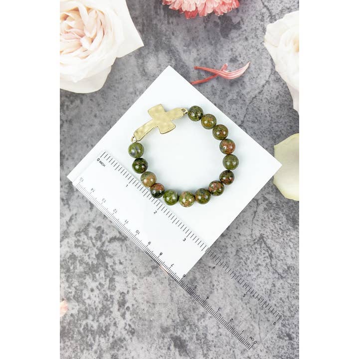 JHP Collection - Wholesale Beaded Bracelet - RELIGIOUS HAMMERED CROSS NATURAL STONE BRACELET