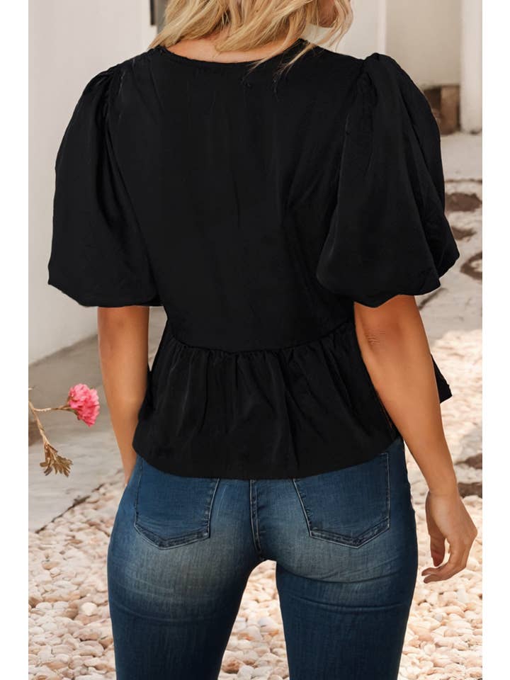 Black LDC Puff Sleeve Bowknot Front Peplum Blouse for wholesale on Faire