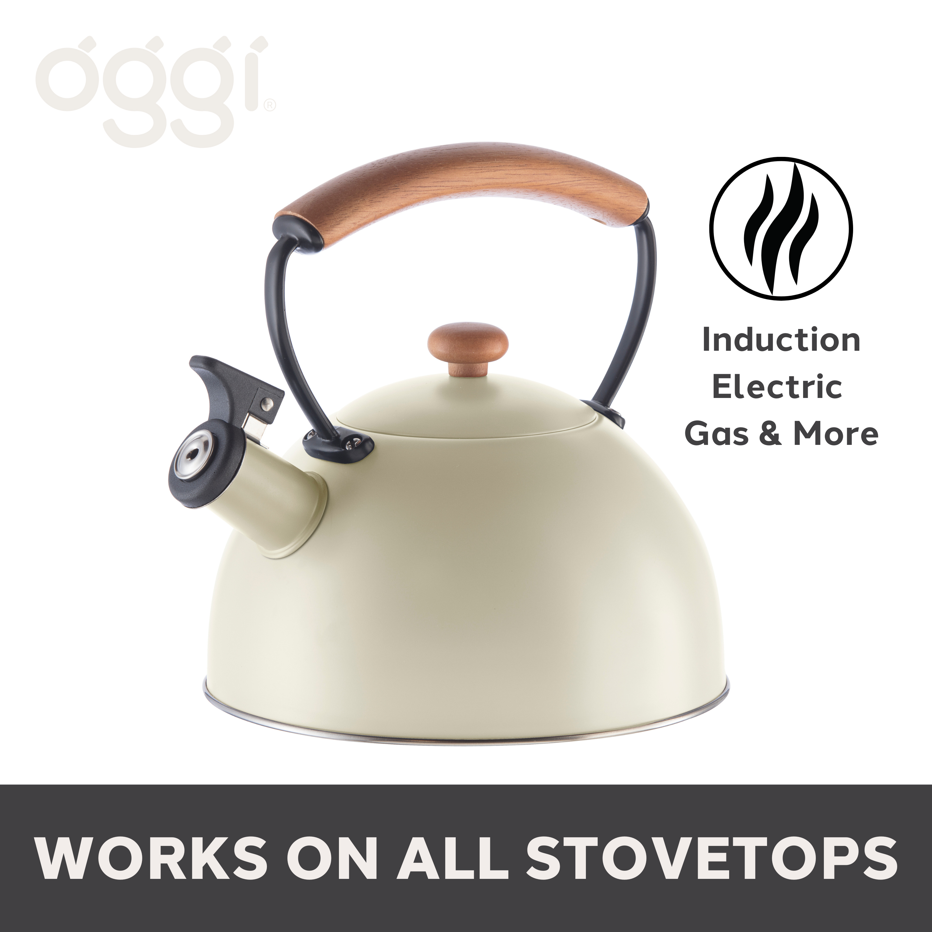 Oggi - Wholesale Kettle - Stovetop Kettle - Steel, Wood Handle, Whistle (1.9lt, 64oz)1