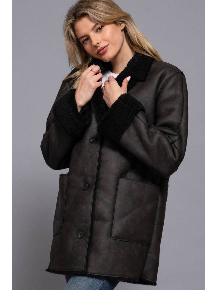 Active Basic | Active USA - Wholesale Leather Jacket - Women's - Lapel Collar Button Down Double Sided Faux Leather Coat10