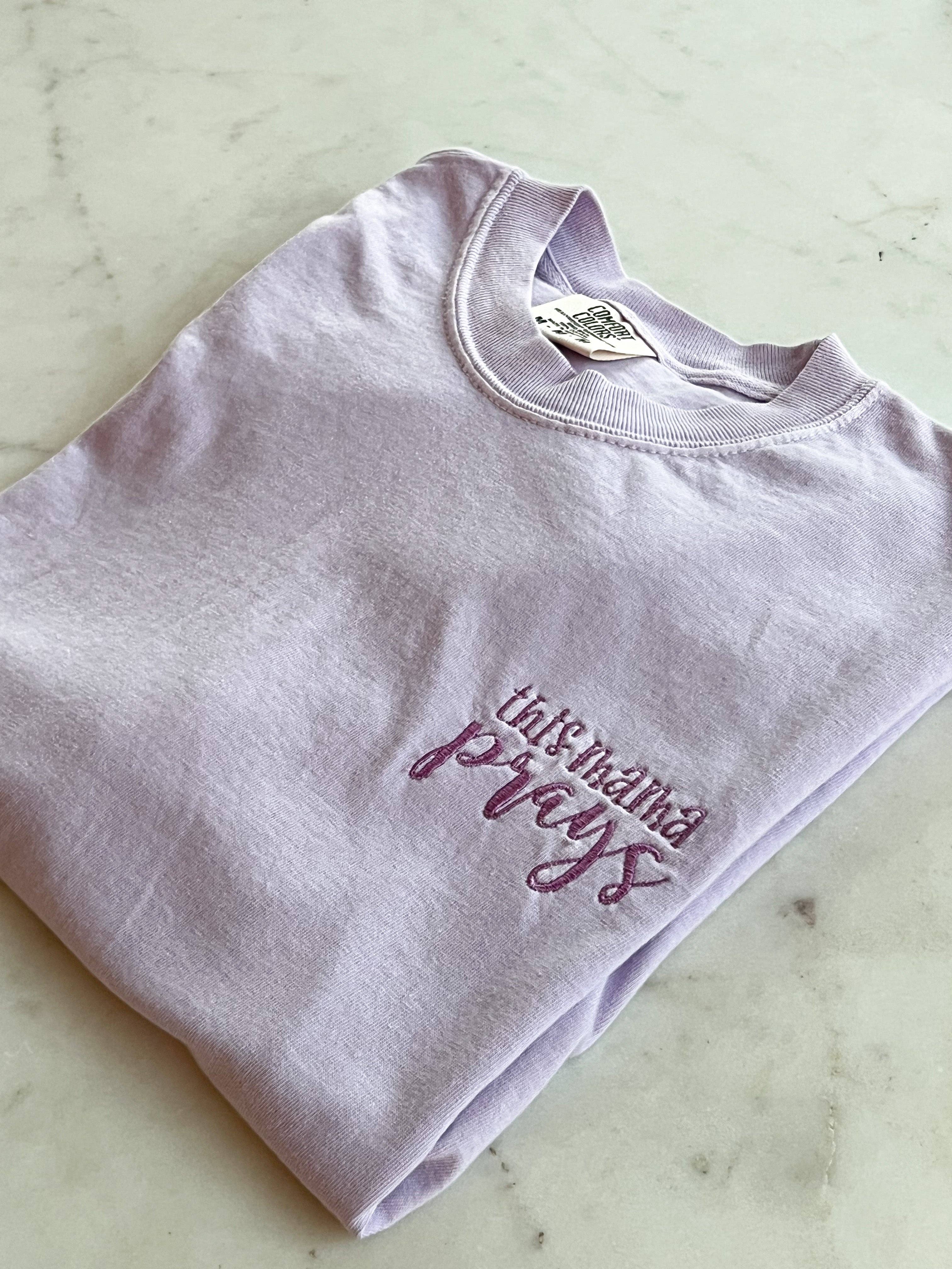 Orchid This Mama Prays Embroidery Tees Faith Based Christian Catholic Tshirts for wholesale on Faire1