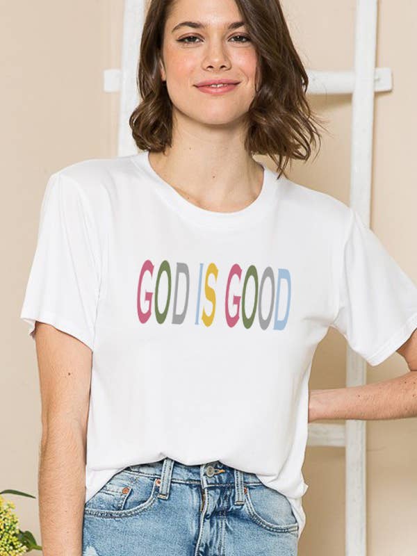 SUPER SOFT BASIC TOP GOD IS GOOD PRINT for wholesale by Burgundy Apparel