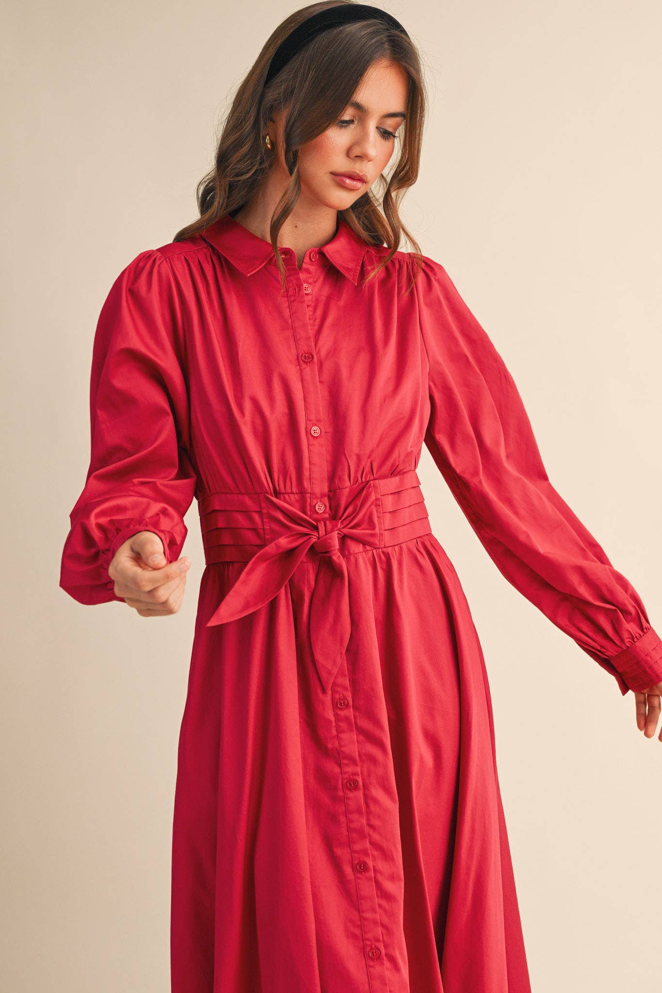 &MERCI - Wholesale Dress - Women's - PINTUCK WAIST TIE FRONT MIDI DRESS MDR421932