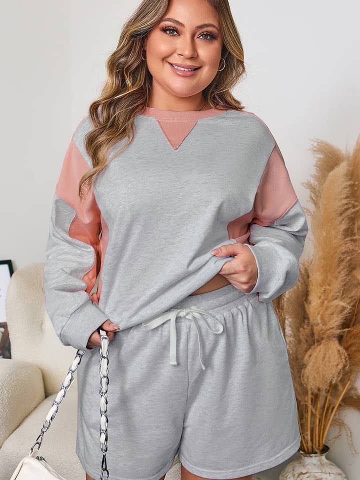 Light Grey Uneven Hem Colorblock Pullover Casual Shorts Plus Size 2pcs Outfit for wholesale on Faire3