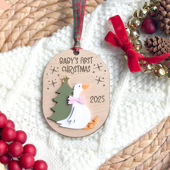 Baby’s First Christmas Ornament 2025 – Goose Design for wholesale by Etchedoccasions