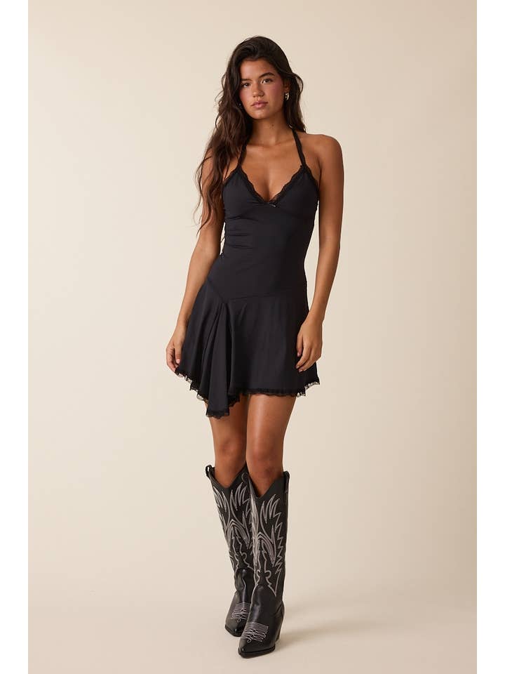 Sky to Moon - Wholesale Dress - Women's - SLIKY LACE HALTER TIE RUFFLE POINT MINI DRESS3