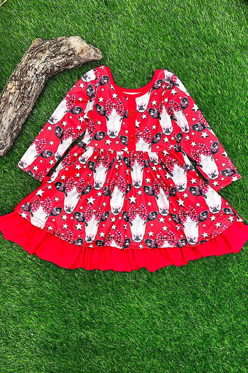 Kids Charm Online - Wholesale Dress - Kids - Red cow printed ruffle trim dress. DRG651522064-AMY0