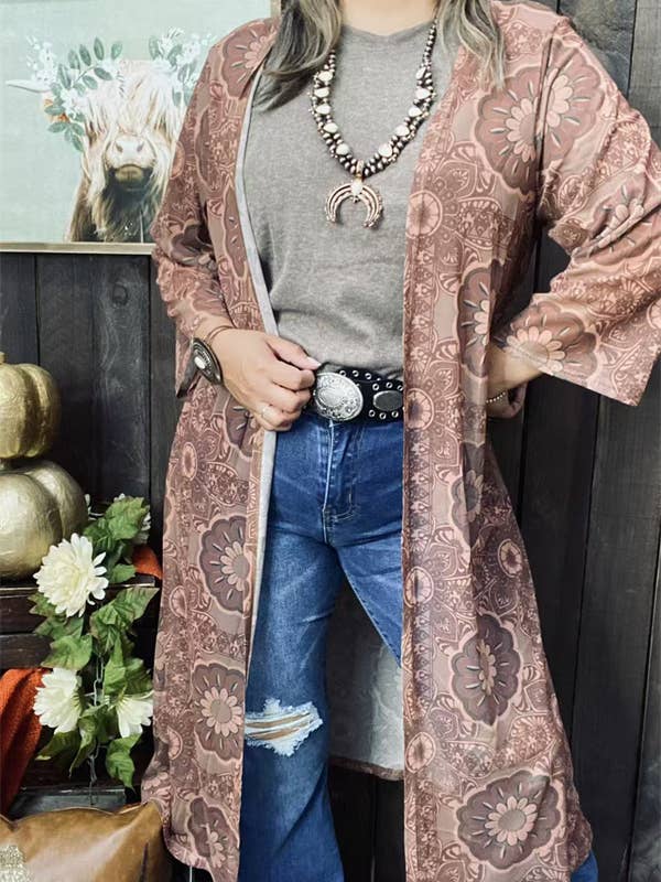 DLH15666 Tan floral printed 3/4 sleeve women cardigan for wholesale by luluclothes