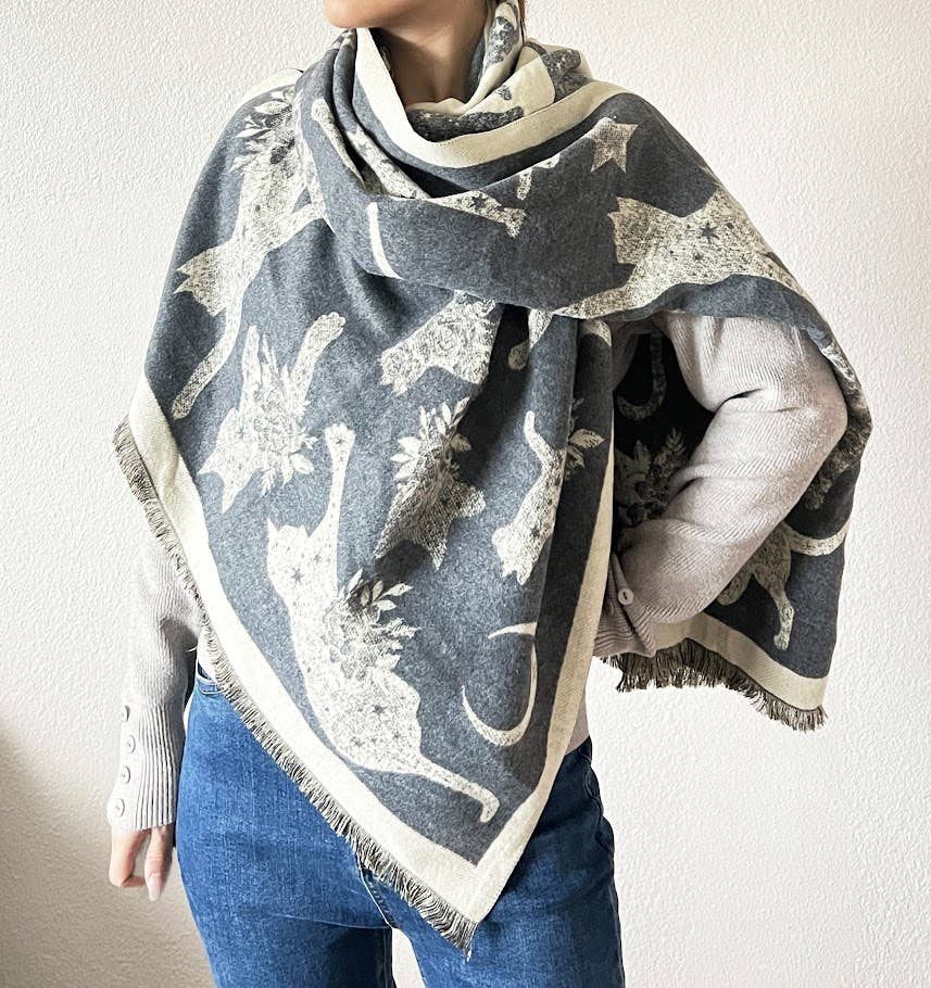 Fennco Styles – wholesale Scarf – Women's – Grey-Ivory Cat Print Reversible Cashmere Wrap Scarf 1