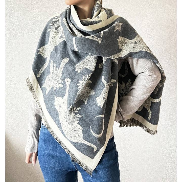 Fennco Styles – wholesale Scarf – Women's – Grey-Ivory Cat Print Reversible Cashmere Wrap Scarf 1