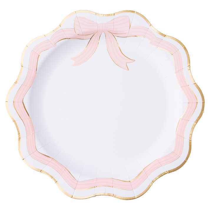 ELEGANT PINK & GOLD BOW DINNER PLATES for wholesale by Bonjour Fête