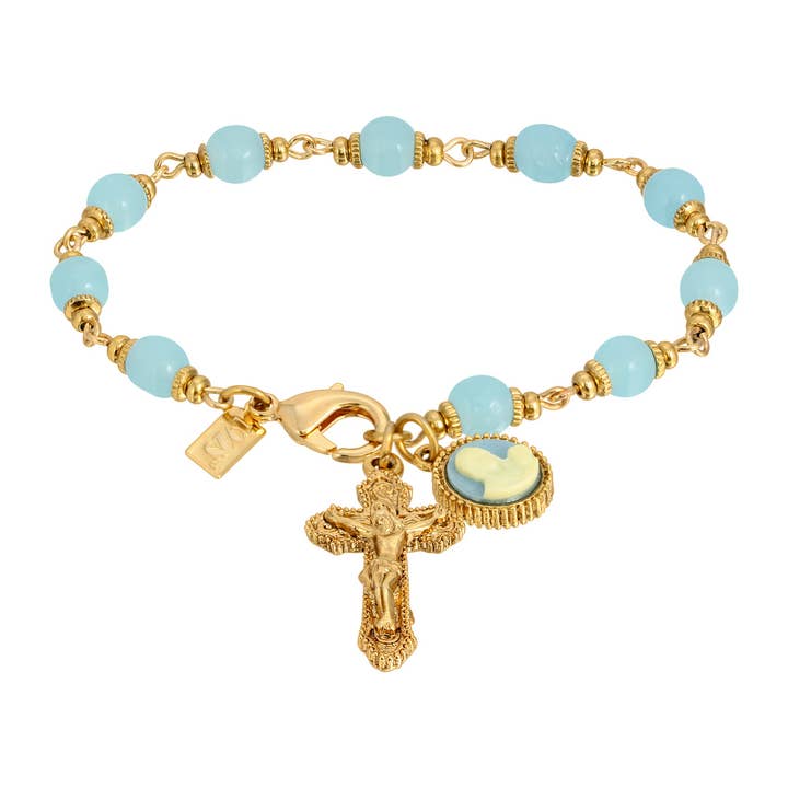 Symbols Of Faith Aqua Glass Chalcedony Baroque Crucifix & Mother And Child Cameo Link Bracelet for wholesale by 1928 Jewelry