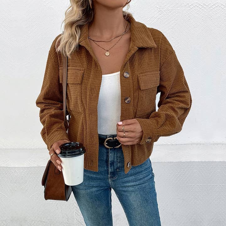 Brown Vintage Corduroy Lapel Pocket Single-Breasted Jacket for wholesale on Faire