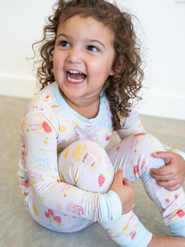 Springtime Afternoon Tea Bamboo Pajama ☕🍰🌸 | Two Piece PJs for wholesale by Boosh Baby