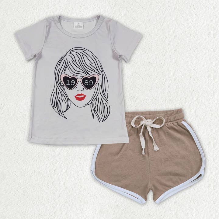 Baby Girls Grey Singer Shirt Light Brown Elastic Shorts Clothes Sets for wholesale by Aier Wholesale