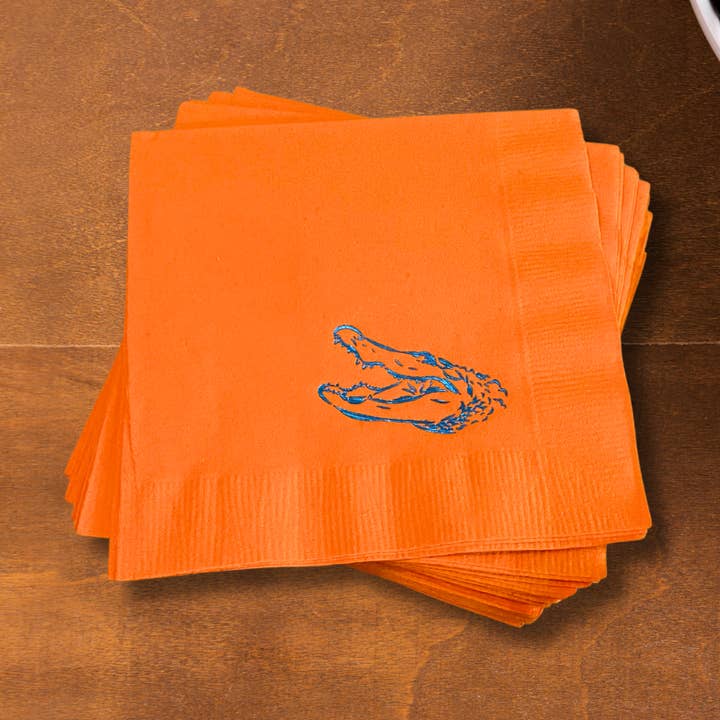 Gator Orange Napkin Blue Shiny Foil Napkins for wholesale by Hey Y'all Party