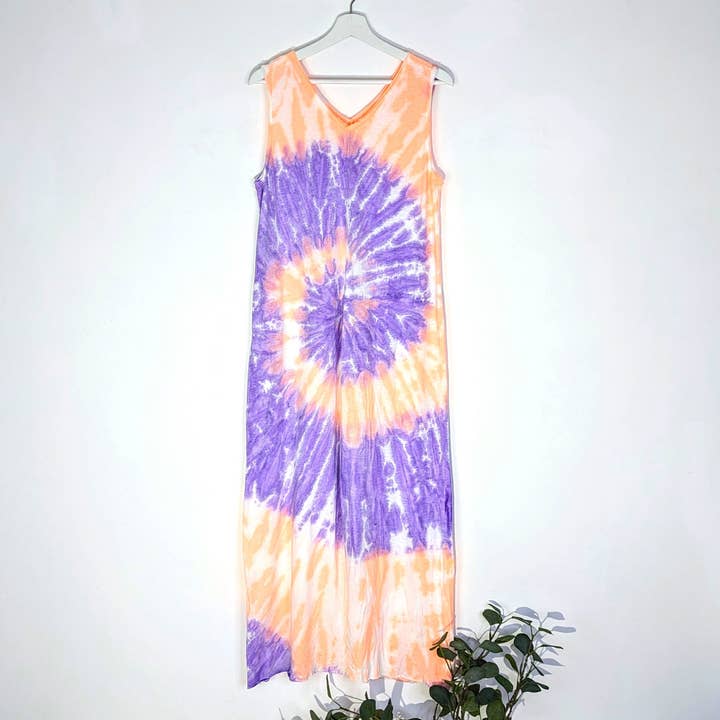 Long sleeveless cotton jersey tie dye Summer dress with front split, V-neck and back (M-L) for wholesale by Tempest Designs