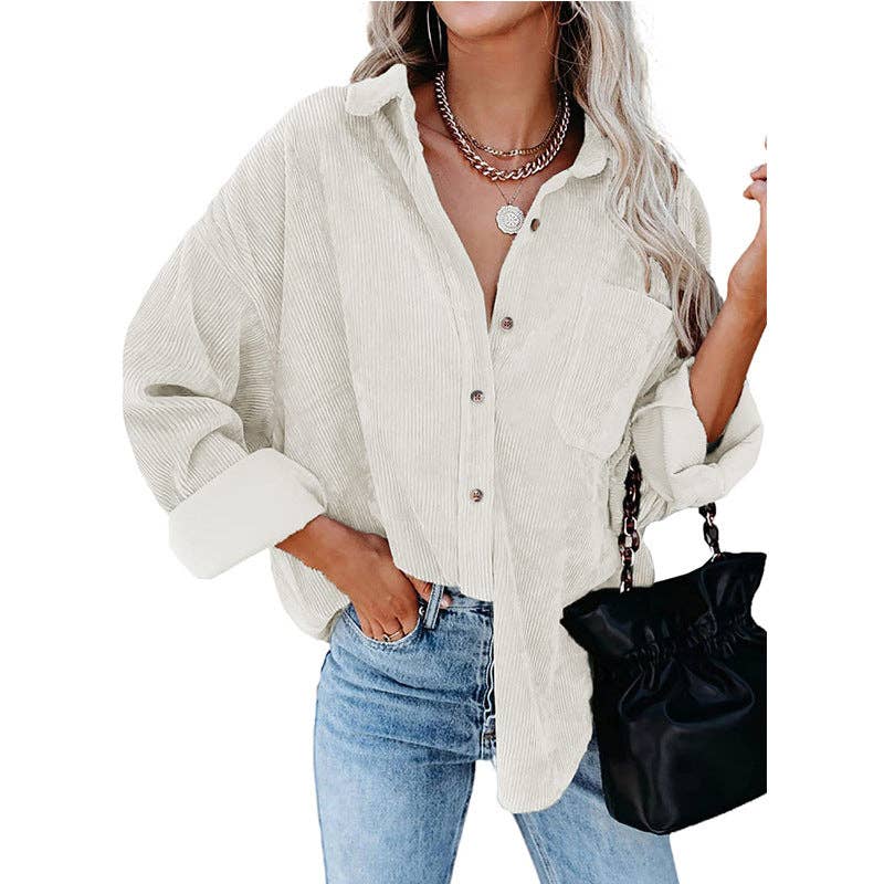 Lovesoft - Wholesale Button Down Shirt - Women's - Women's Solid Color Loose Casual Corduroy Shirt8