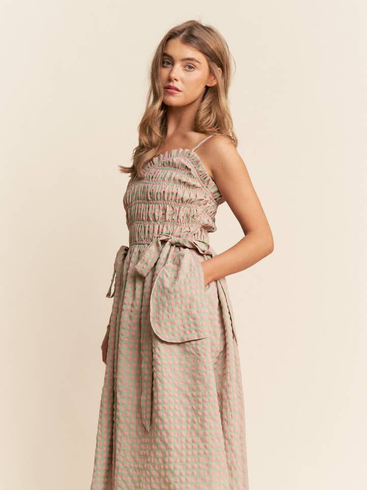 CHECKERED SMOCKED MIDI DRESS for wholesale by J.NNA