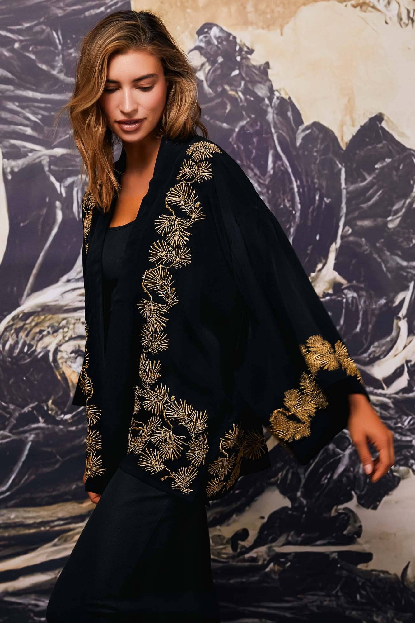 Artemis Muse - Wholesale Kimono - Women's - Japanese Pine Needle Embroidered Black and Gold Fully Lined Short Kimono1