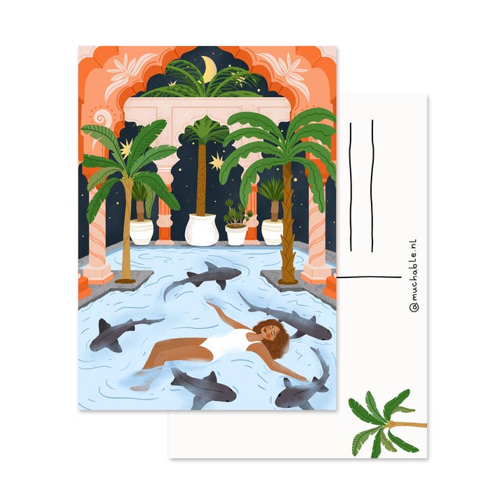 Ansichtkaart - illustratie vrouw zwemmen met haaien voor wholesale door Muchable