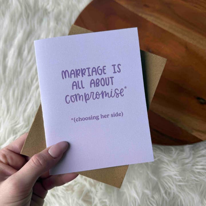 "Marriage is all about compromise" Funny Purple Wedding Card for wholesale by Big Moods