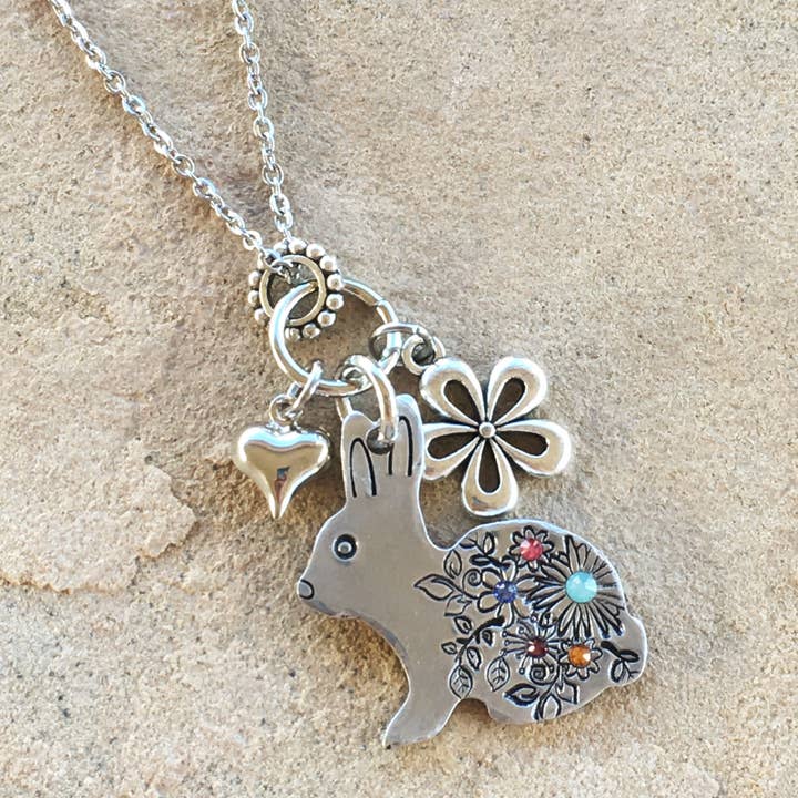 Floral Crystal Bunny Rabbit Spring Easter Necklace for wholesale by Stamped Serendipity
