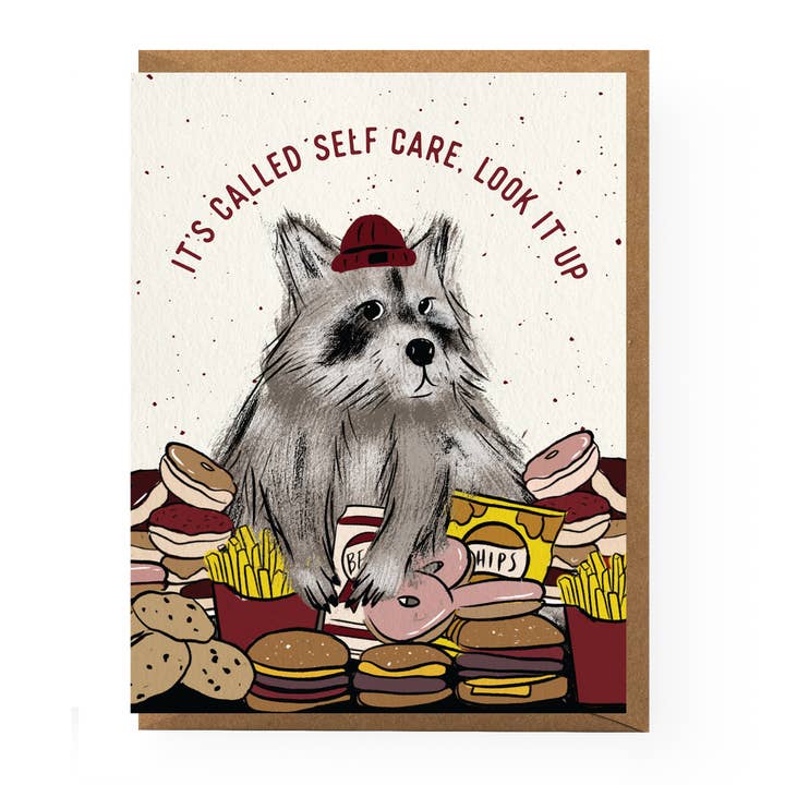 Self Care Raccoon Card for wholesale by Boss Dotty Paper Co.