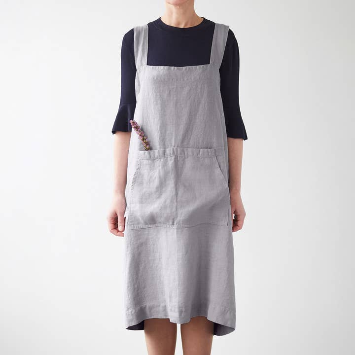 Light Grey Linen Japanese Pinafore Apron for wholesale by Linen Tales (We cover U.S. import duties)