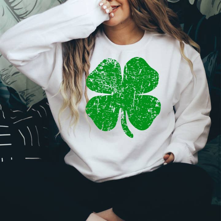 Distressed Clover | St. Patrick's Day | Crew Sweatshirt for wholesale by Peach Closet