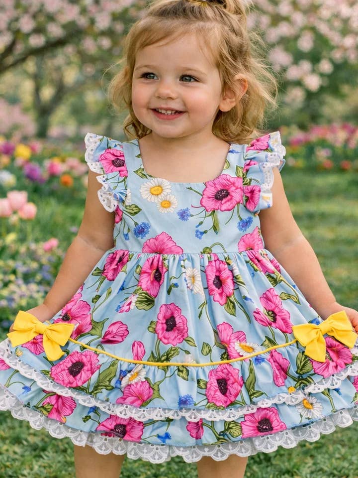 Blue Floral Double Ruffle Dress for wholesale by Little Bugz Boutique