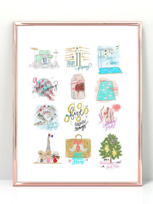 12 Days of Christmas - fun girly edition - pink, disco ball, Christmas print 8x10 for wholesale by Thirteenwinks