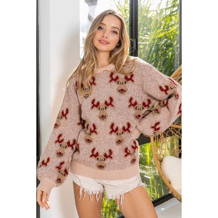 IVE - Wholesale Sweatshirt - Women's - Rudolph Pattern Christmas Knit Pullover