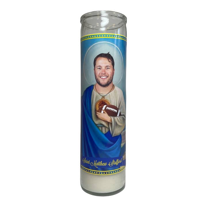 Matthew Stafford Devotional Prayer Saint Candle for wholesale by The Luminary and Co.