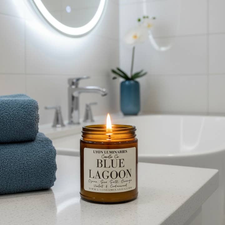 Blue Lagoon Soy Blend Candle for wholesale by LYON Luminaries Candle Co.
