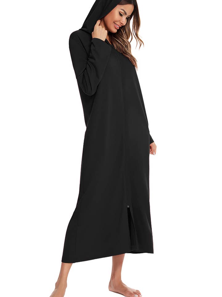 Queenado – wholesale Dress – Women's – Zip Front Hooded Night Dress with Pockets