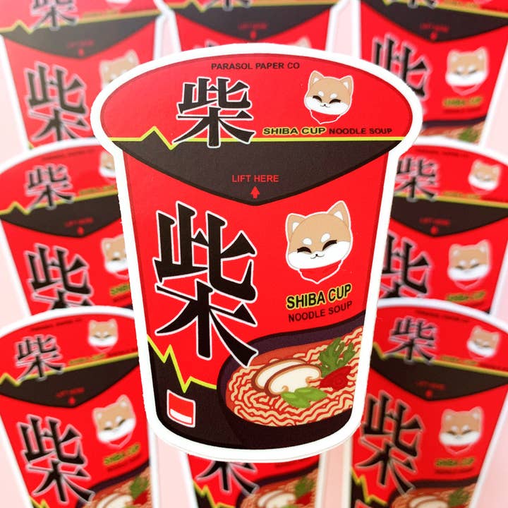 Autocollant en vinyle imperméable Shiba Ramen Shin Ramyun Cup Noodle pour la vente par Parasol Paper