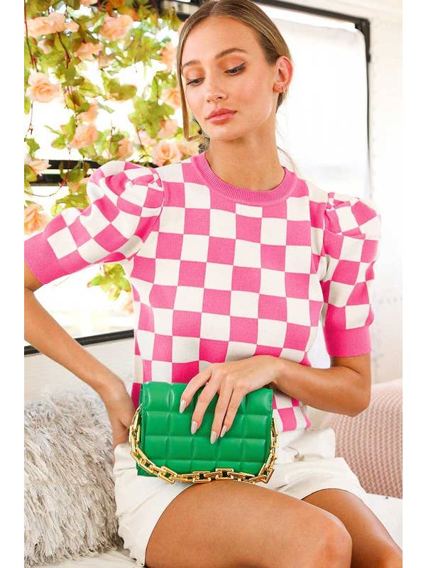 Vine & Love - Wholesale Knit Sweater - Women's - Checkerboard Crew Neck Short Puff Sleeve Sweater VT8134517