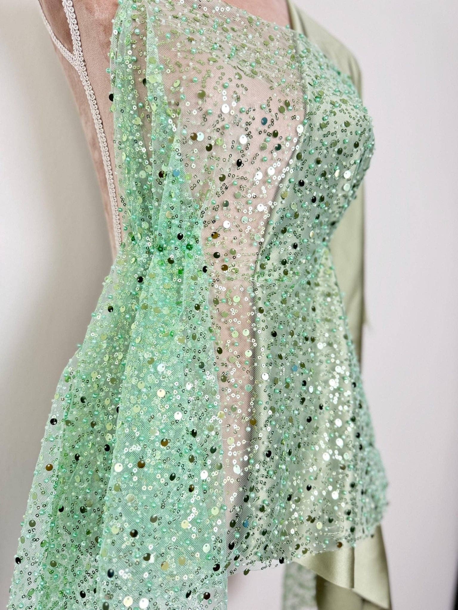 GalaTextile - Wholesale Craft Supplies - Sage Green Beaded Lace Fabric by Yard | Embroidered with Pearls & Sequins Mesh | Bridal Dresses, Gowns, Veils, Table Decor8