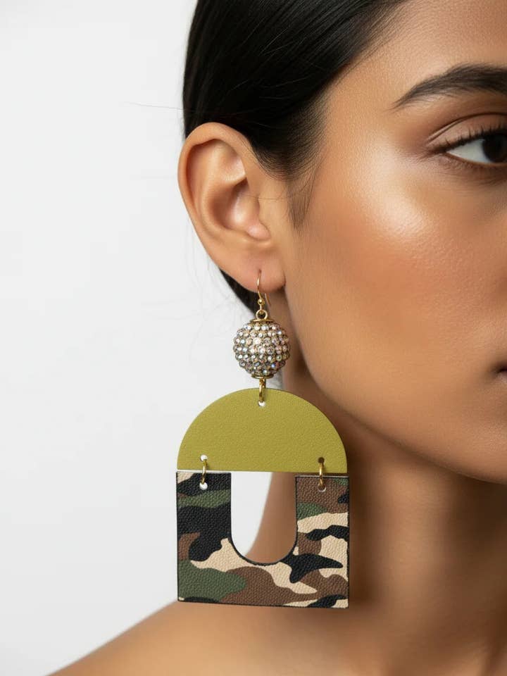 Green Camo Leather Rhinestone Lightweight Earrings for wholesale by Designed By Risha